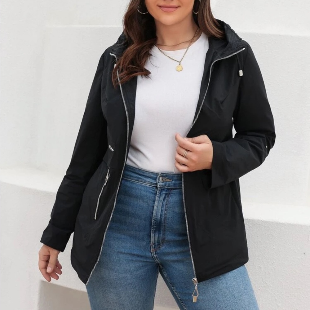 Plus Drawstring Zipper Hooded Coat